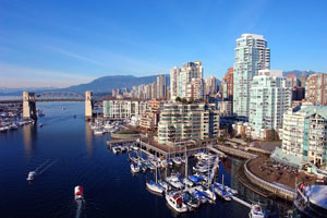 A marina in downtown Vancouver, British Columbia on a clear day