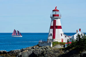 A lighthouse on the coast of New Brunswick, Canada with a sailing boat heading across the horizon